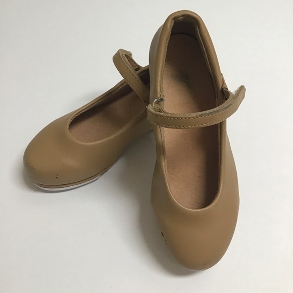Tap Dance Shoes Little Girls SZ 10M Tan Hook Loop Strap Beige Recital Leo Rhythm - Picture 5 of 15